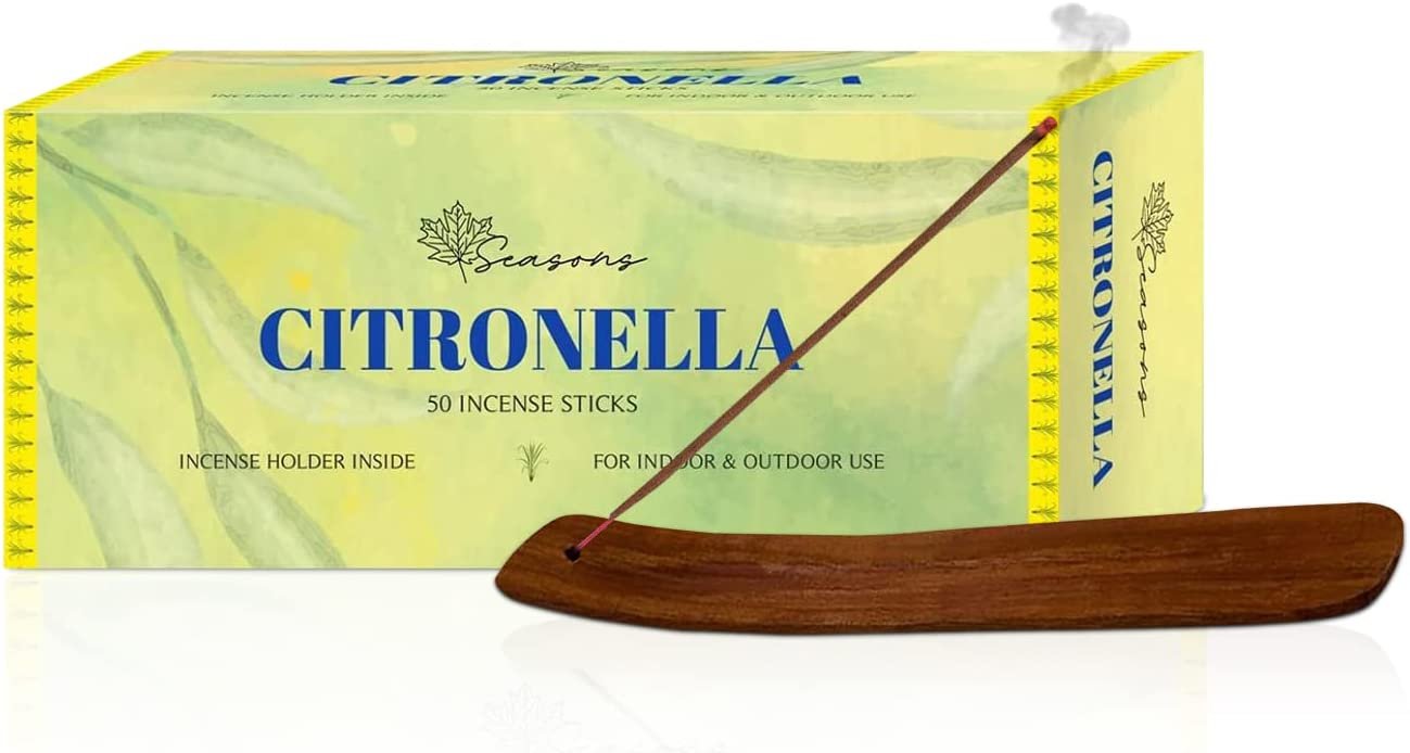 Seasons 50 Citronella Incense Sticks for Home, Kitchen, Outdoors, Bars, Office, Gift and more; keep Bugs and Insects away, comes with Wooden Incense Stick Kit Holder