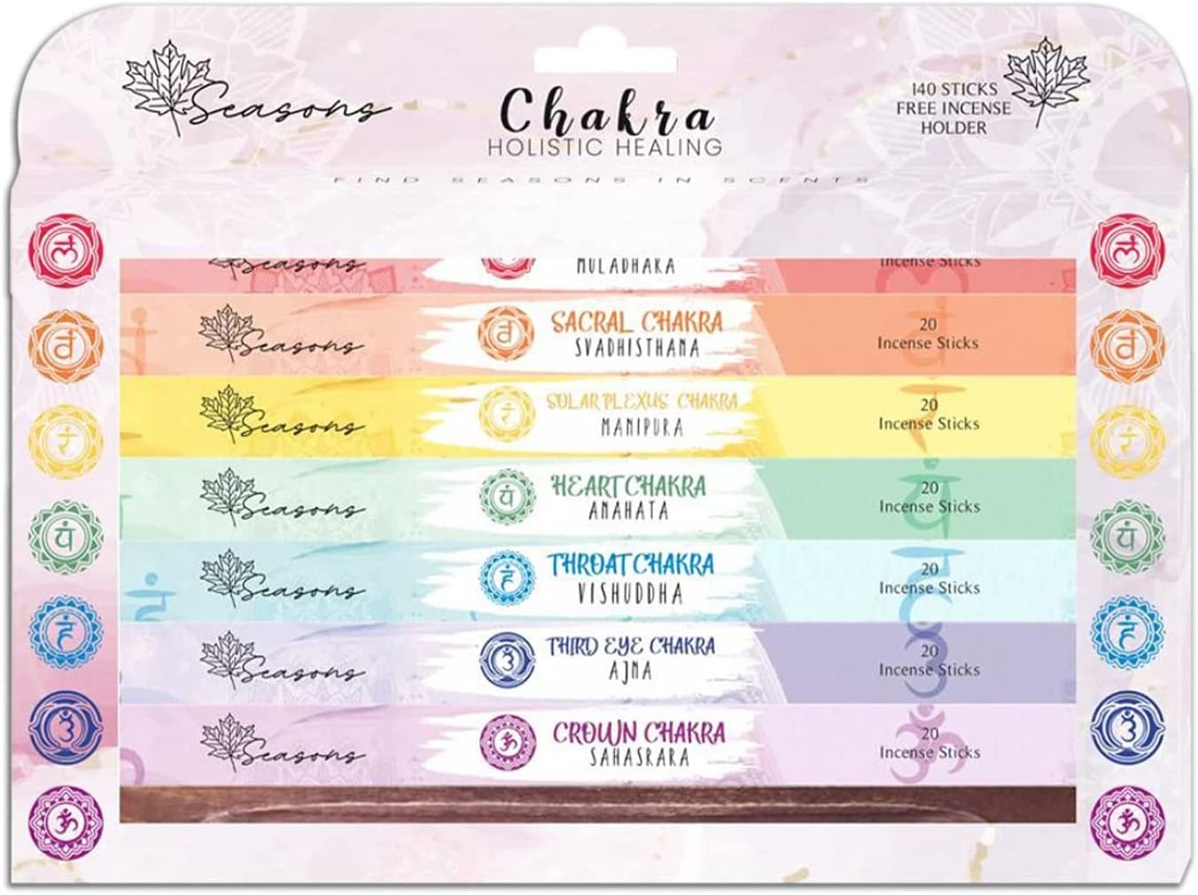 Seasons 7 Chakra Balancing Incense Sticks and Holder for Cleansing, Meditation, Sleep, Relaxation and Aromatherapy- 140 Incense Sticks (20 Sticks/Pack x 7 variations)